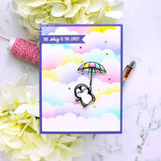 Sunny Studio The Sky is the Limit Floating Umbrella with Pastel Rainbow Clouds Card (using Passionate Penguins Clear Stamps)
