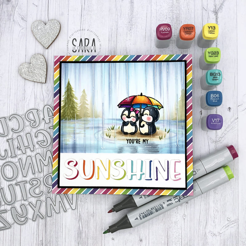 Sunny Studio You Are My Sunshine Penguins with Rainbow Umbrella in Rain Storm Card (using Passionate Penguins Clear Stamps)