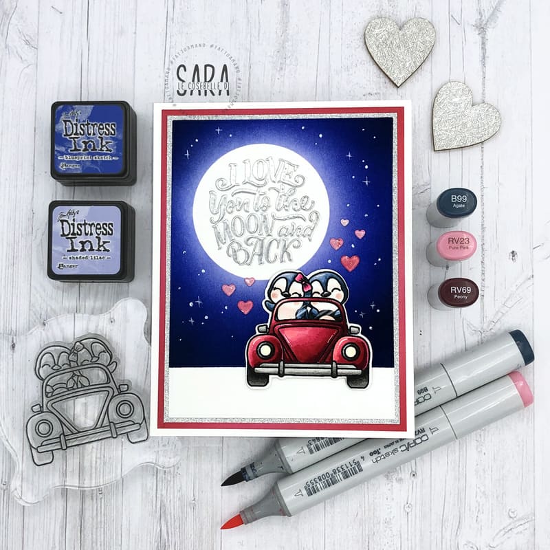 Sunny Studio I Love You To the Moon & Back Penguins in Car with Glowing Starry Sky Card (using Lovey Dovey Sentiment Stamps)