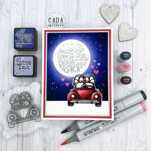 Sunny Studio I Love You To the Moon & Back Penguins in Car with Glowing Starry Sky Card (using Passionate Penguins Clear Stamps)