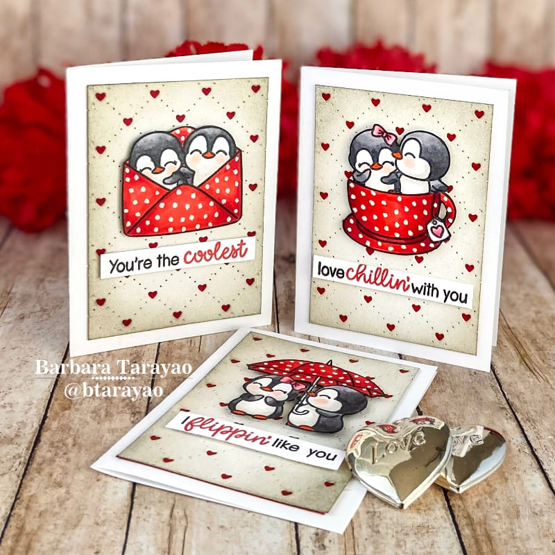Sunny Studio Stamps Punny Penguins Red Polka-dot Valentine's Day Cards Set (using Quilted Hearts Background Die)