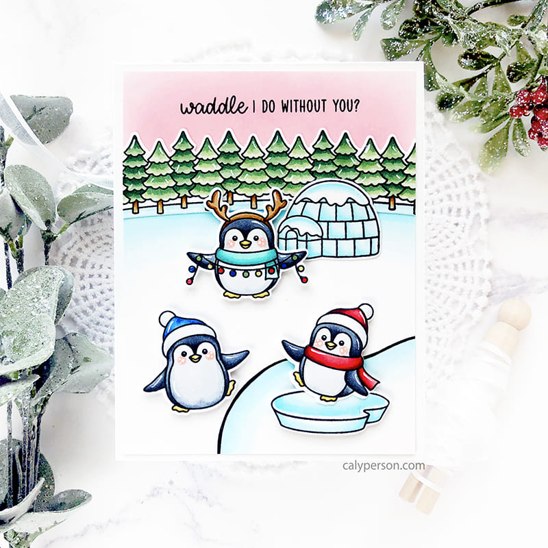 Sunny Studio Waddle I Do Without You Penguin, Igloo & Fir Trees Pink Holiday Christmas Card using Winter Scenes Clear Stamps