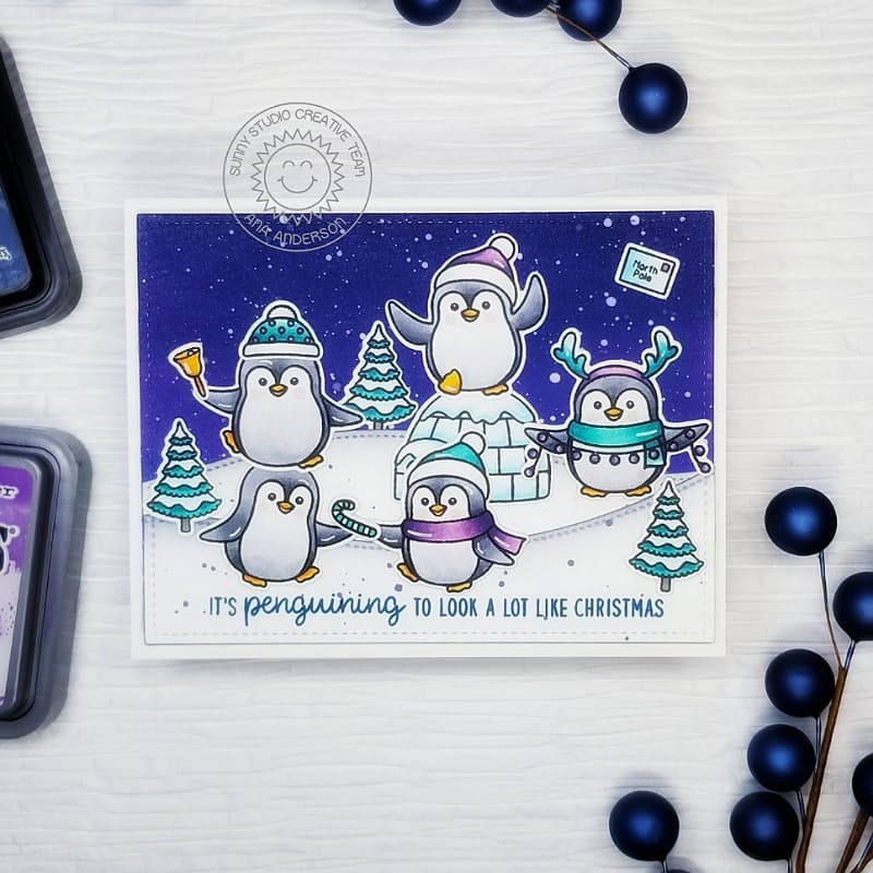 Sunny Studio Penguining To Look A Lot Like Christmas Penguin, Igloo & Fir Trees Holiday Card using Winter Scenes Clear Stamp
