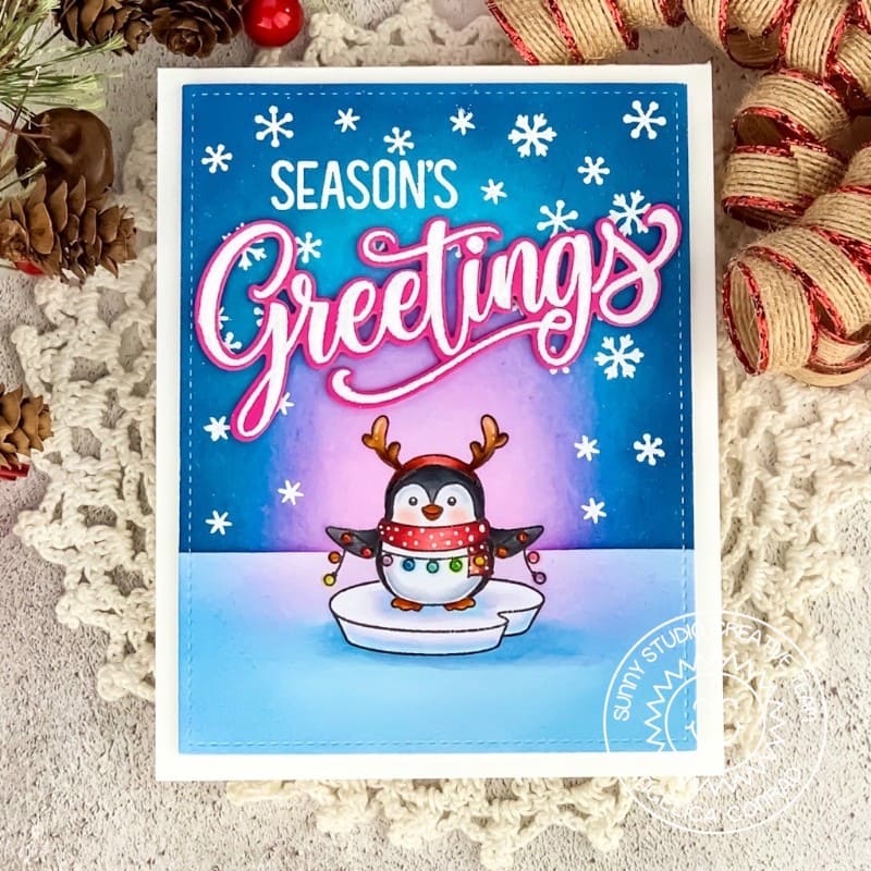 Sunny Studio Penguin with String of Lights Handmade Holiday Christmas Card using Season's Greetings Clear Sentiment Stamps