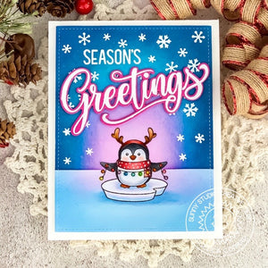 Sunny Studio Stamps Penguin on Ice Block with String of Lights Winter Holiday Card using Season's Greetings Word Cutting Die