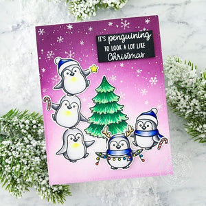 Sunny Studio It's Penguining to look a lot like Christmas Decorating Holiday Tree Card (using Penguin Pals 4x6 Clear Stamps)