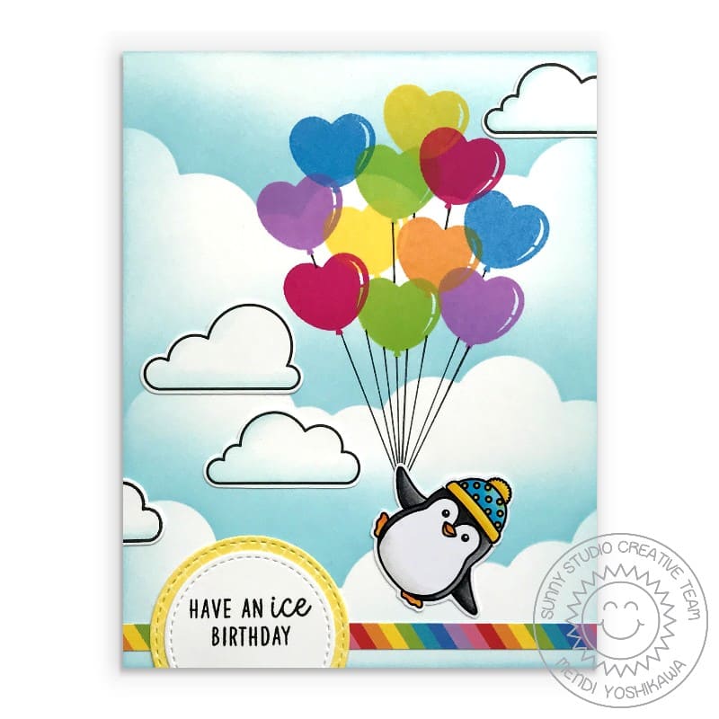 Sunny Studio Stamps Penguin Floating with Heart Balloons & Stitched Clouds Birthday Card using Slimline Nature Border Dies