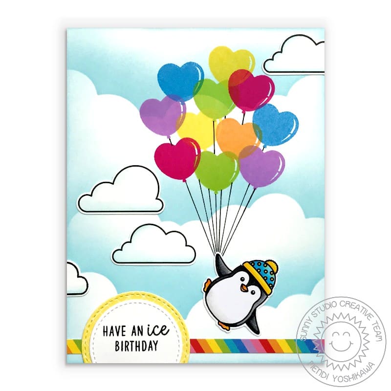 Sunny Studio Have An Ice Birthday Floating with Heart Balloons Punny Winter Card (using Penguin Pals 4x6 Clear Stamps)