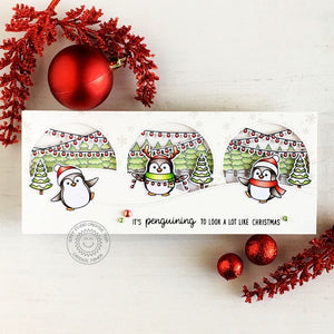 Sunny Studio Penguin Puns Slimline Holiday Christmas Card with Hanging Lights Border (using Scenic Route 4x6 Clear Stamps)