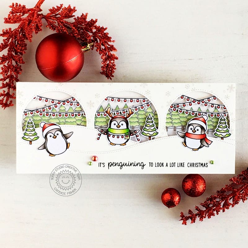 Sunny Studio Penguins at Tree Lot Slimline Holiday Christmas Card with Fir Tree Border using Winter Scenes 4x6 Clear Stamps