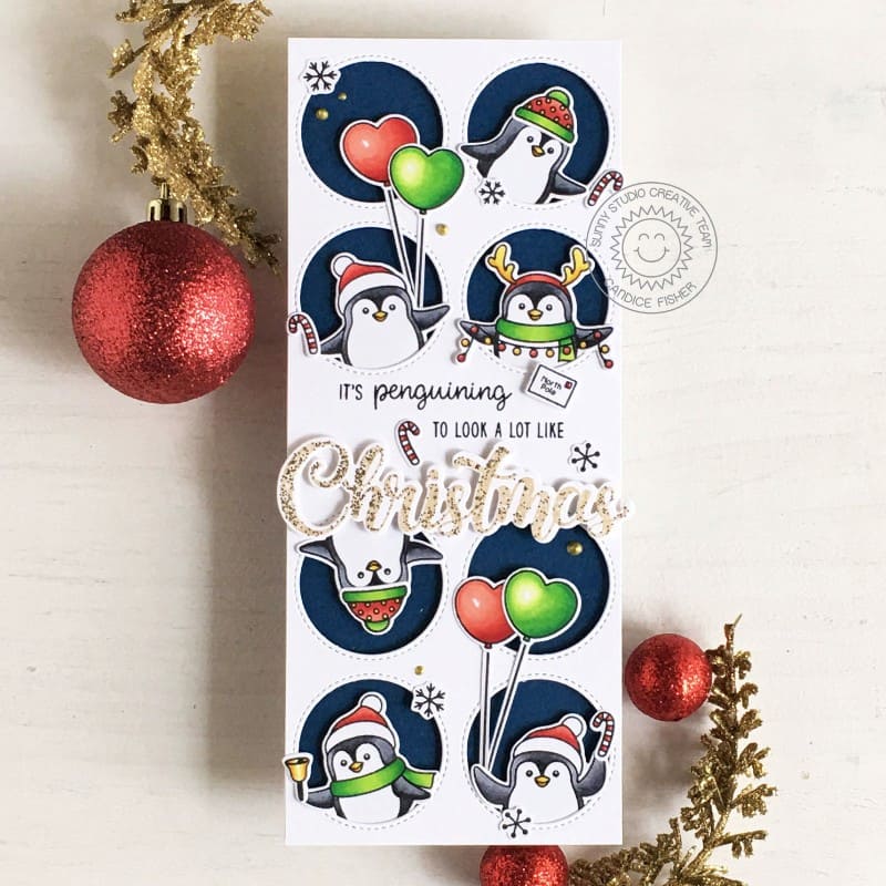 Sunny Studio Punny Penguin Handmade Slimline Holiday Christmas Card with stitched circle grid using Window Quad Circle Dies