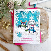 Sunny Studio Stamps Punny Penguin Puns Holiday Christmas Card with window using Layered Snowflake Frame Metal Cutting Dies
