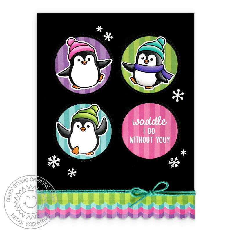 Sunny Studio Stamps Waddle I Do Without You? Rainbow Striped Scalloped Winter Penguin Card using Sleek Stripes 6x6 Paper Pad
