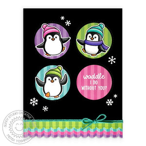 Sunny Studio Stamps Waddle I Do Without You? Bright Rainbow Striped Scalloped Winter Penguin Handmade Card (using Sleek Stripes 6x6 Double Sided Patterned Paper Pack Pad)