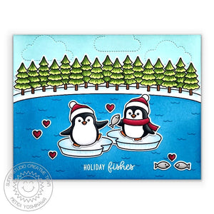Sunny Studio Holiday Fishes Winter Penguin on Ice Blocks Christmas Card with Fir Tree Border using Winter Scenes Clear Stamp