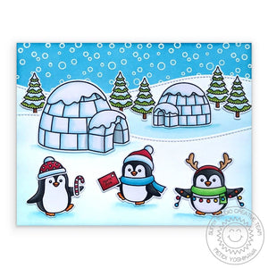 Sunny Studio Stamps Penguins with Igloos & Stitched Slopes Holiday Christmas Card using Slimline Natures Border Cutting Dies