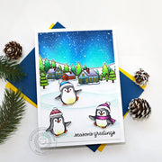 Sunny Studio Season's Greetings Penguins, Snowy Houses & Tree Border Holiday Christmas Card using Winter Scenes Clear Stamps