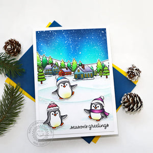 Sunny Studio Season's Greetings Penguins, Snowy Houses & Tree Border Holiday Christmas Card using Winter Scenes Clear Stamps