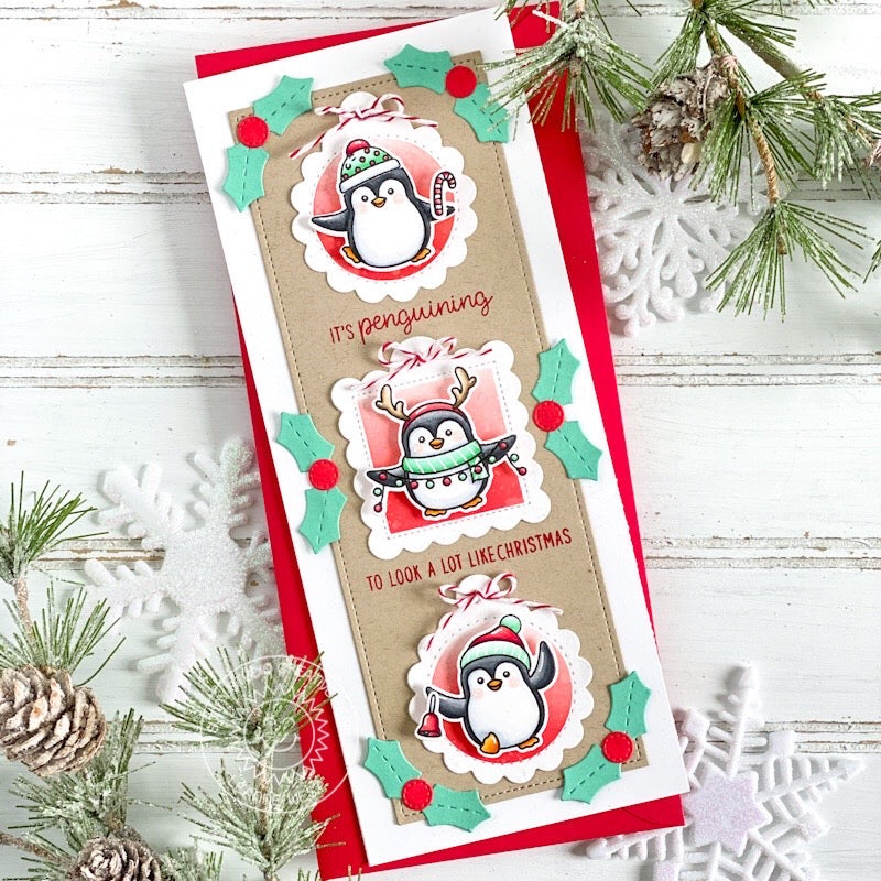 Sunny Studio Stamps Punny Penguin Puns Slimline Holiday Christmas Card by Leanne using Scalloped Circle Tag Metal Cutting Die