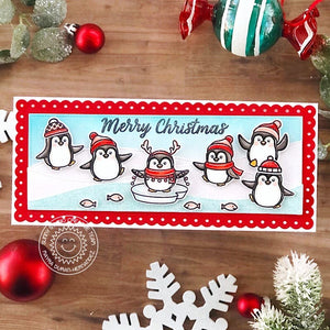 Sunny Studio Winter Penguins with Snowy Slopes Red & White Christmas Card (using Slimline Nature Borders Metal Cutting Dies)