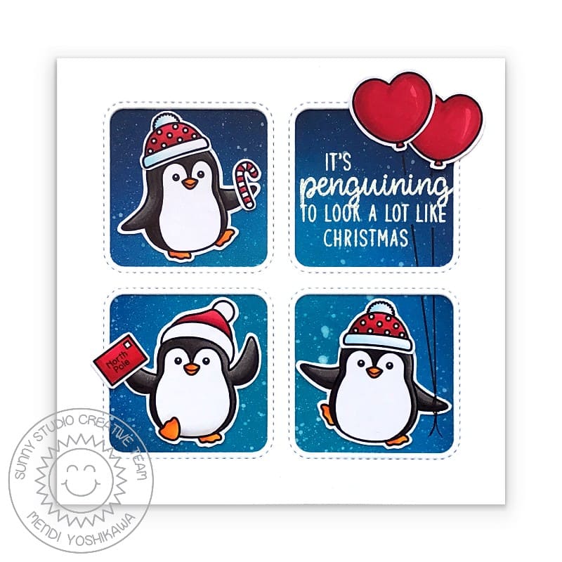 Sunny Studio Stamps Punny Penguin Holiday Christmas Card with Stitched Grid using Window Quad Square Metal Cutting Dies