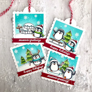 Sunny Studio Aqua, Red & White Scalloped Square Handmade Christmas Holiday Gift Tags (using Penguin Pals 4x6 Mini Clear Stamps)