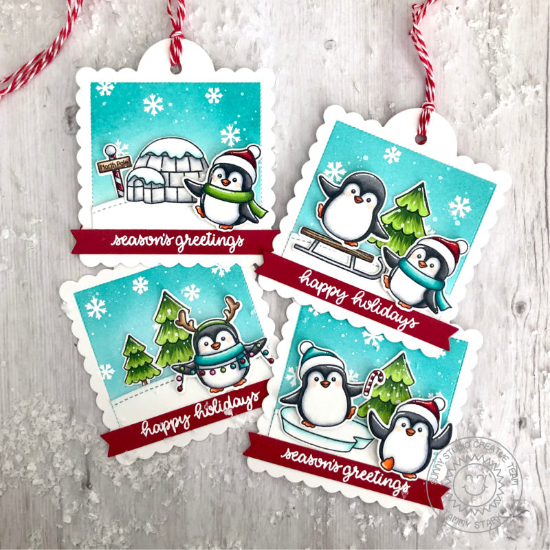 Sunny Studio Stamps Penguin Christmas Holiday Gift Tags by Tammy Stark (using Scalloped Square Tag Metal Cutting Dies)