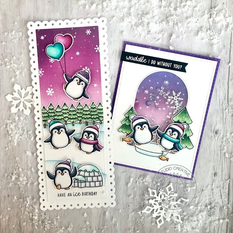 Sunny Studio Have An Ice Birthday & Waddle I do Without You Punny Winter Holiday Card (using Penguin Pals 4x6 Clear Stamps)