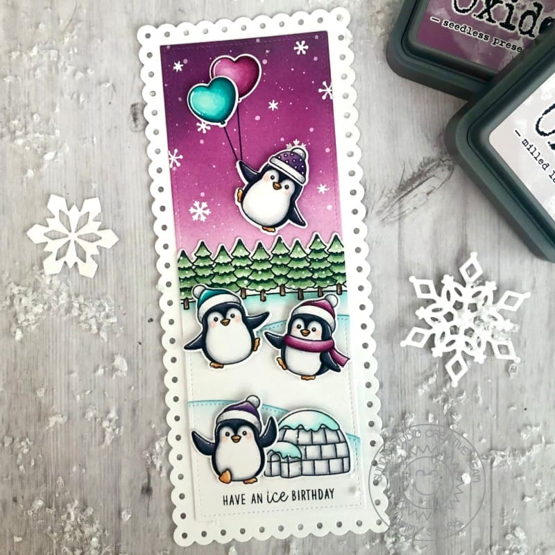 Sunny Studio Have An Ice Birthday Penguin with Heart Balloons & Igloo Holiday Card (using Winter Scenes 4x6 Clear Stamps)