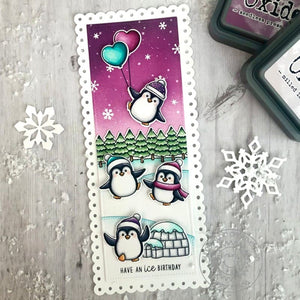 Sunny Studio Stamps Have An Ice Birthday Winter Punny Penguin Holiday Card (using Slimline Scalloped Frame Dies)