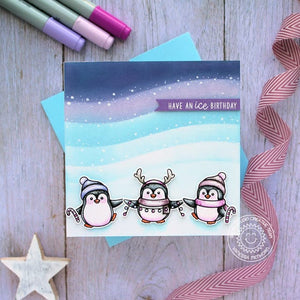 Sunny Studio Blue & Lavender Ombre Ice Christmas Punny Winter Holiday Card (using Penguin Pals 4x6 Clear Stamps)