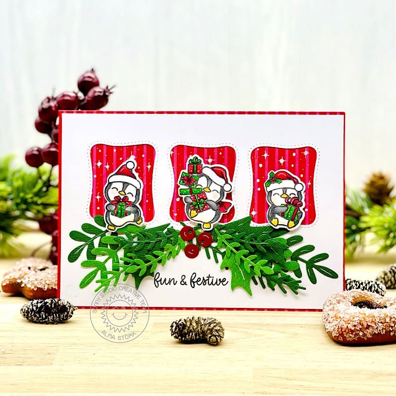 Sunny Studio Stamps Penguins with Holly Holiday Christmas Card (using stitched Winter Greenery Metal Cutting Dies)