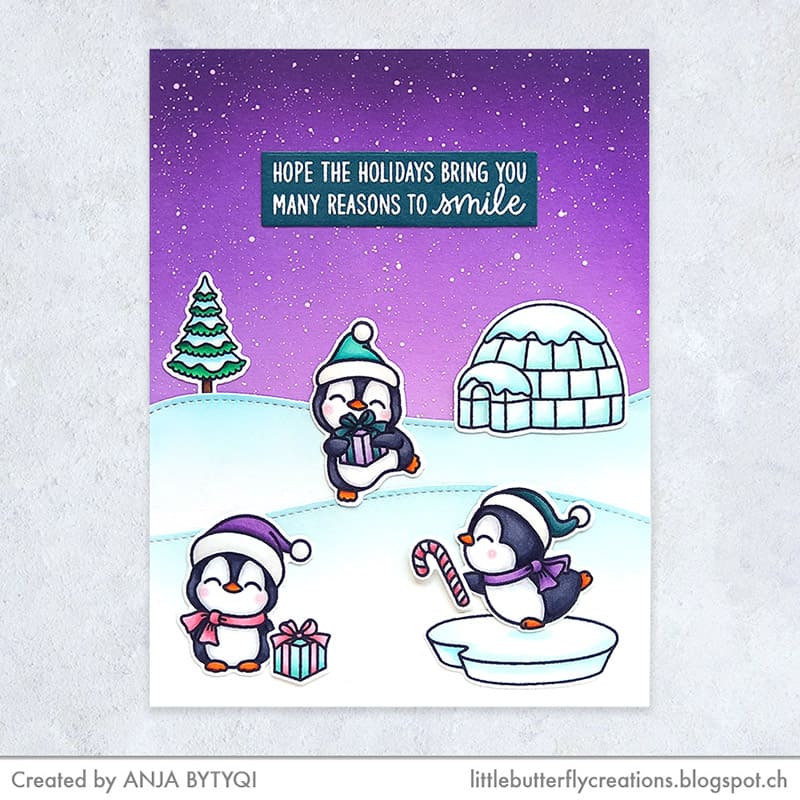 Sunny Studio CAS Clean & Simple Penguins with Igloo & Snow Holiday Christmas Card (using Penguin Party 4x6 Clear Stamps)