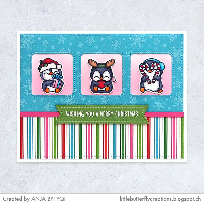 Sunny Studio CAS Clean & Simple Penguin Color Striped Holiday Christmas Card (using Penguin Party 4x6 Clear Stamps)