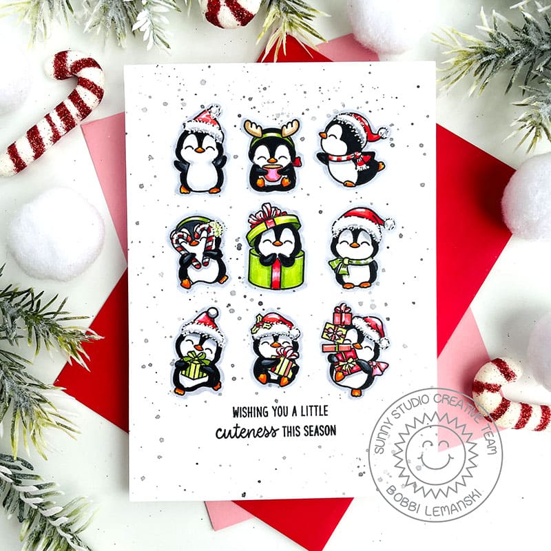 Sunny Studio Wishing You A Little Cuteness This Season Penguin Grid Christmas Holiday Card (using Penguin Party Clear Stamps)