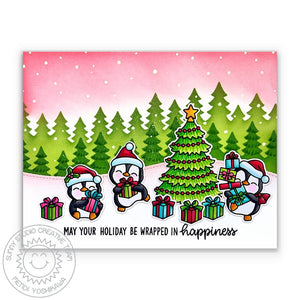 Sunny Studio Wrapped in Happiness Penguins with Holiday Tree & Gifts Christmas Card (using Penguin Party 4x6 Clear Stamps)