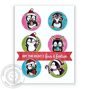 Sunny Studio Stamps Fun & Festive Holiday Penguin Stitched Grid Christmas Card (using Window Trio Circle Cutting Dies)