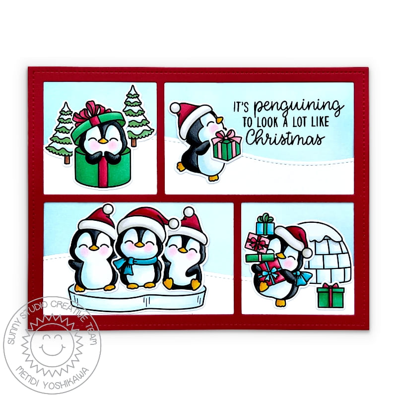 Sunny Studio It's Penguining To Look A Lot Like Christmas Comic Strip Punny Holiday Card (using Penguin Party 4x6 Clear Stamps)