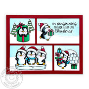 Sunny Studio Penguin with Trees & Igloo Snowy Comic Strip Holiday Christmas Card (using Winter Scenes 4x6 Clear Stamps)
