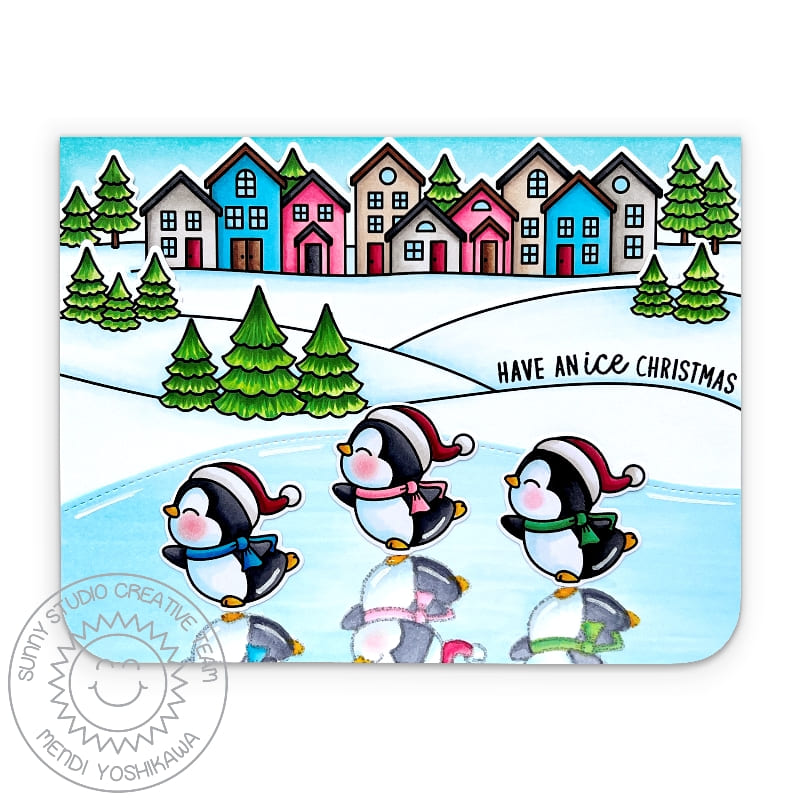 Sunny Studio Have An Ice Christmas Skating Penguins with House Border Winter Holiday Card using Scenic Route 4x6 Clear Stamp