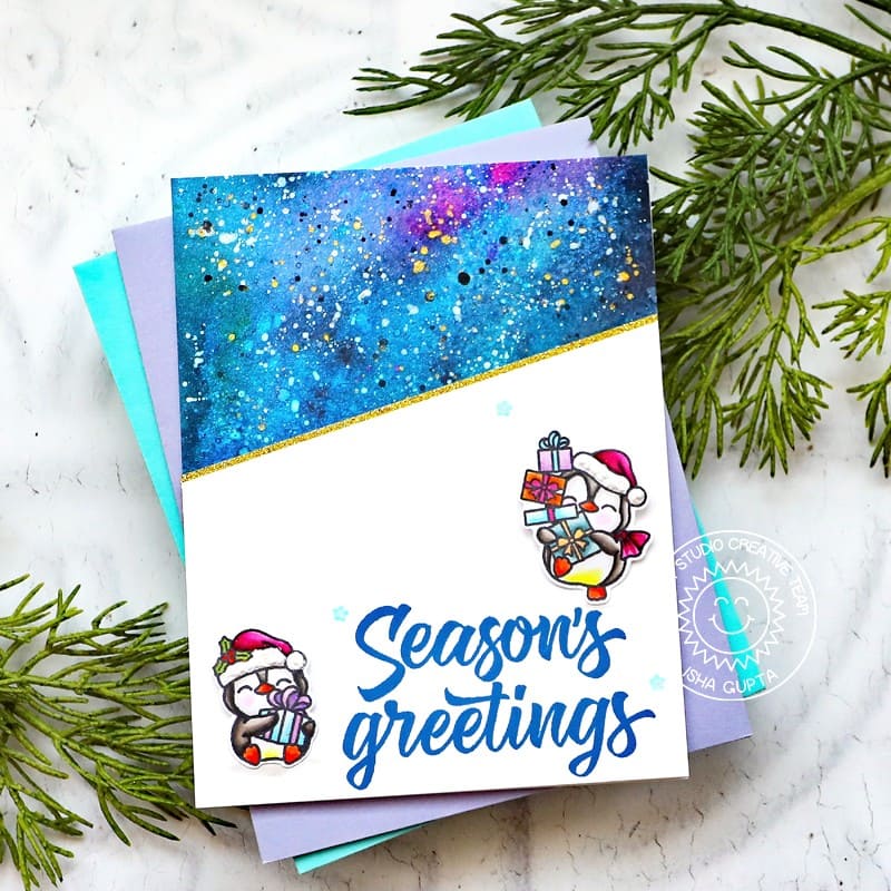Sunny Studio Penguins with Holiday Gifts Galaxy Winter Sky Season's Greetings Card (using Holiday Greetings Clear Stamps)