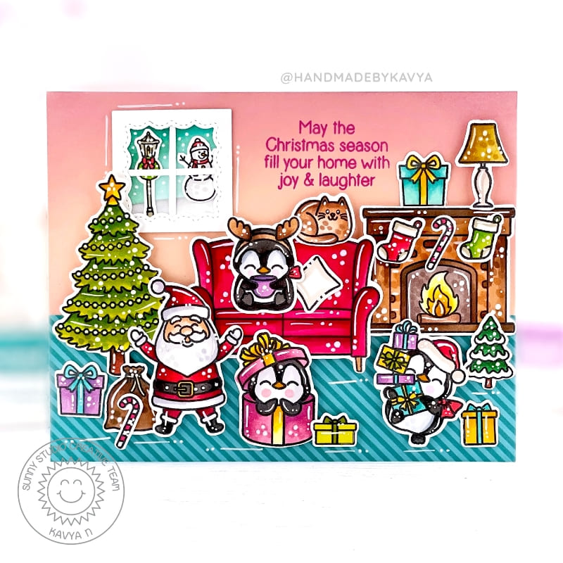 Sunny Studio Penguins Wrapping Gifts with Christmas Tree & Fireplace Holiday Card (using Santa Claus Lane Clear Stamps)