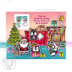 Sunny Studio Santa Claus & Penguins Wrapping Gifts with Holiday Tree & Fireplace Card (using Cozy Christmas Clear Stamps)