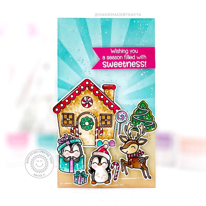 Sunny Studio Penguins with Reindeer & Gingerbread House Holiday Christmas Card (using Penguin Party Clear Stamps)