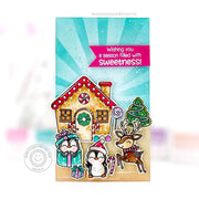 Sunny Studio Penguins with Reindeer & Gingerbread House Holiday Christmas Card (using Jolly Gingerbread Clear Stamps)
