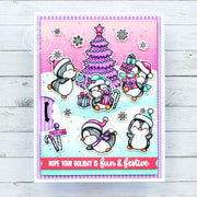 Sunny Studio Pink & Purple Ice Skating Interactive Reveal Wheel Holiday Christmas Card (using Penguin Party 4x6 Clear Stamps)