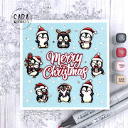Sunny Studio Blue & Red Penguins Merry Christmas Square Card (using Holiday Greetings 4x6 Clear Sentiment Stamps)