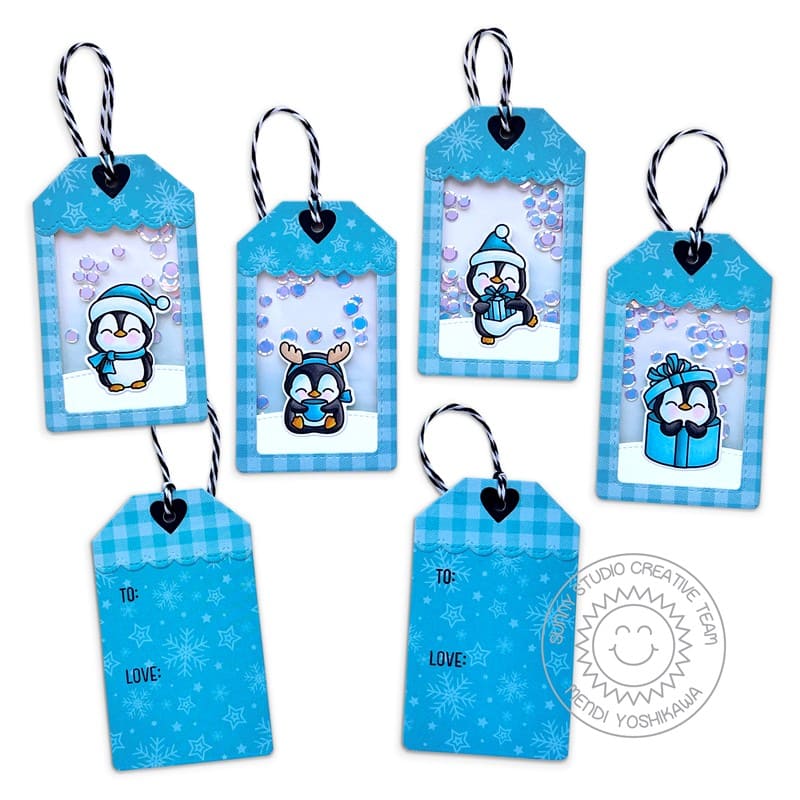 Sunny Studio Stamps Winter Penguin Holiday Christmas Confetti Shaker Gift Tags using Mini Mat & Tag 3 Metal Cutting Dies