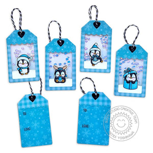 Sunny Studio Stamps Winter Penguin Sequin Confetti Shaker Holiday Christmas Gift Tags (using Joyful Holiday 6x6 Paper Pad)