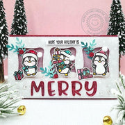 Sunny Studio Merry Christmas Penguin with 3 Stitched Windows Mini Slimline Holiday Card (using Penguin Party 4x6 Clear Stamps)